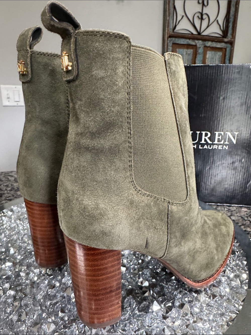 Ralph Lauren Olive Suede Stacked Heel Chelsea Boot NEW 6 - Picture 4 of 15